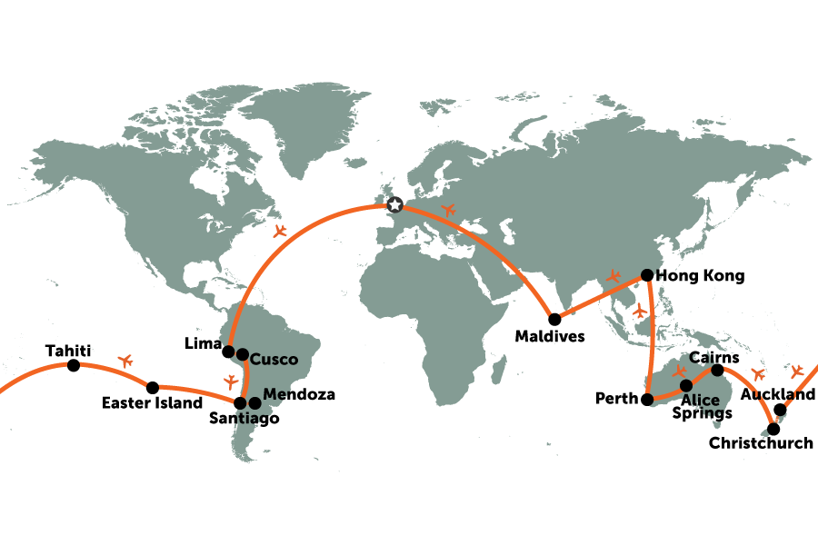 Business Class holiday: South America, Australia, NZ, Tahiti & the Maldives | map