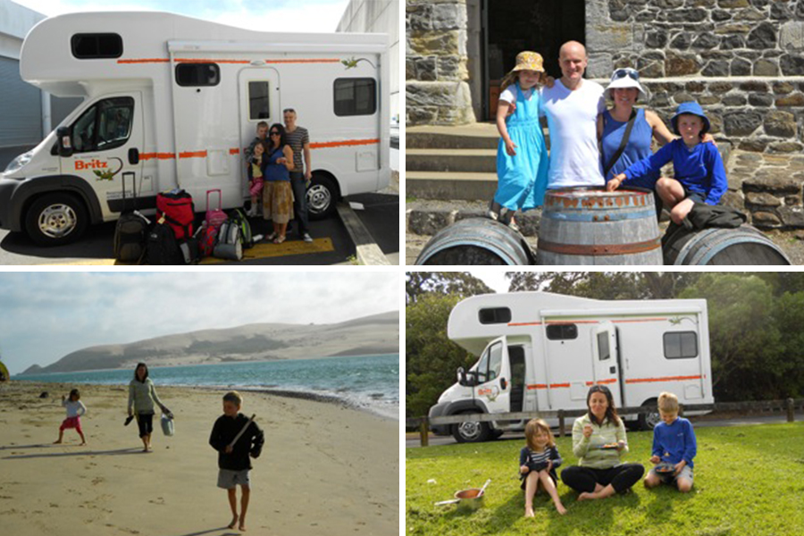 A montage of Haydn and family with their campervan