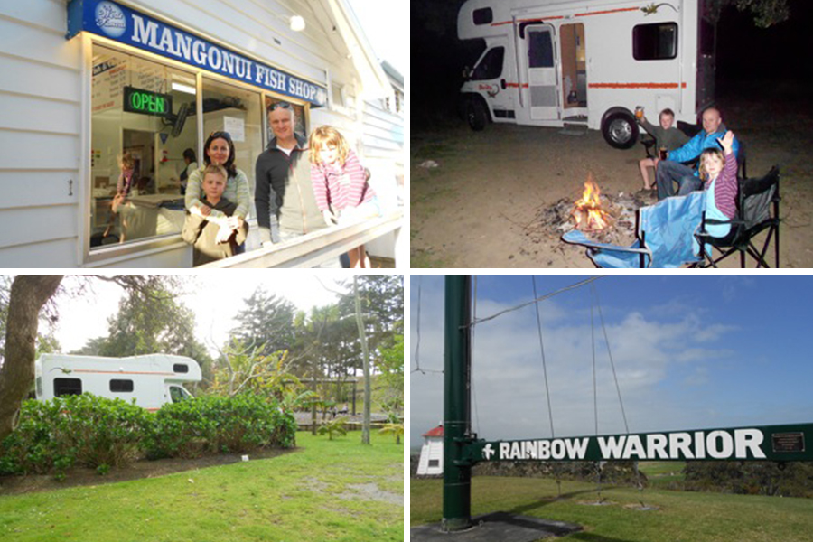 A montage of Haydn and family with their campervan