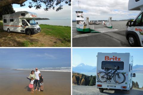 A montage of Haydn and family with their campervan