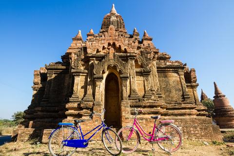 Bikes in front of a temple, Bagan, Myanmar